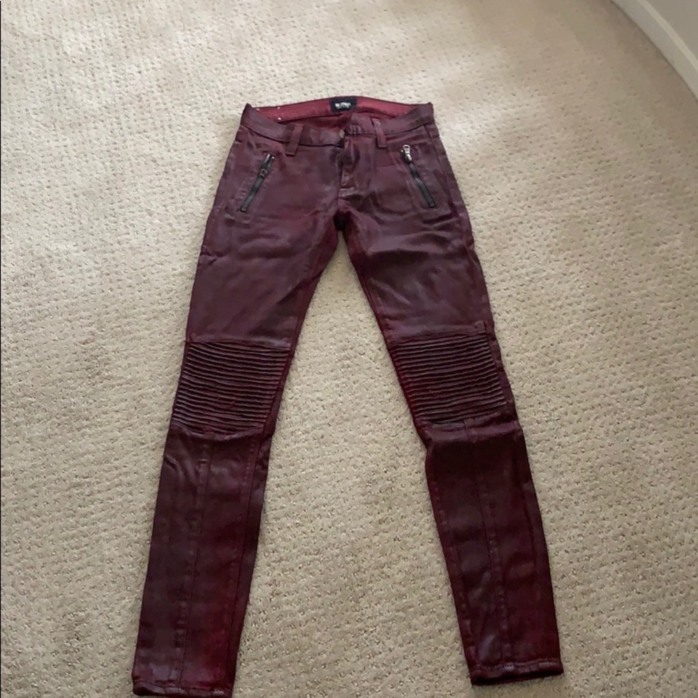 Burgundy moto “wax” Hudson jeans.
